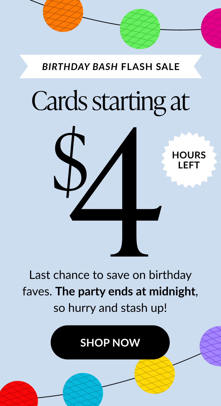 Flash sale banner with $4 cards and “Shop Now” button.