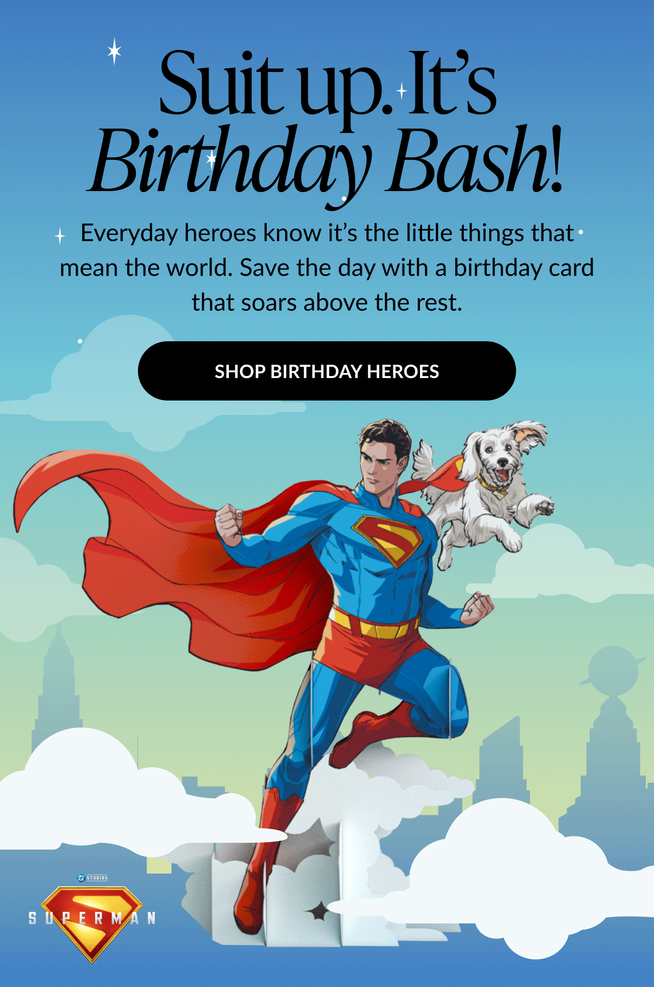 Animated banner with Superman flying alongside his dog Krypto over a city skyline, promoting a 