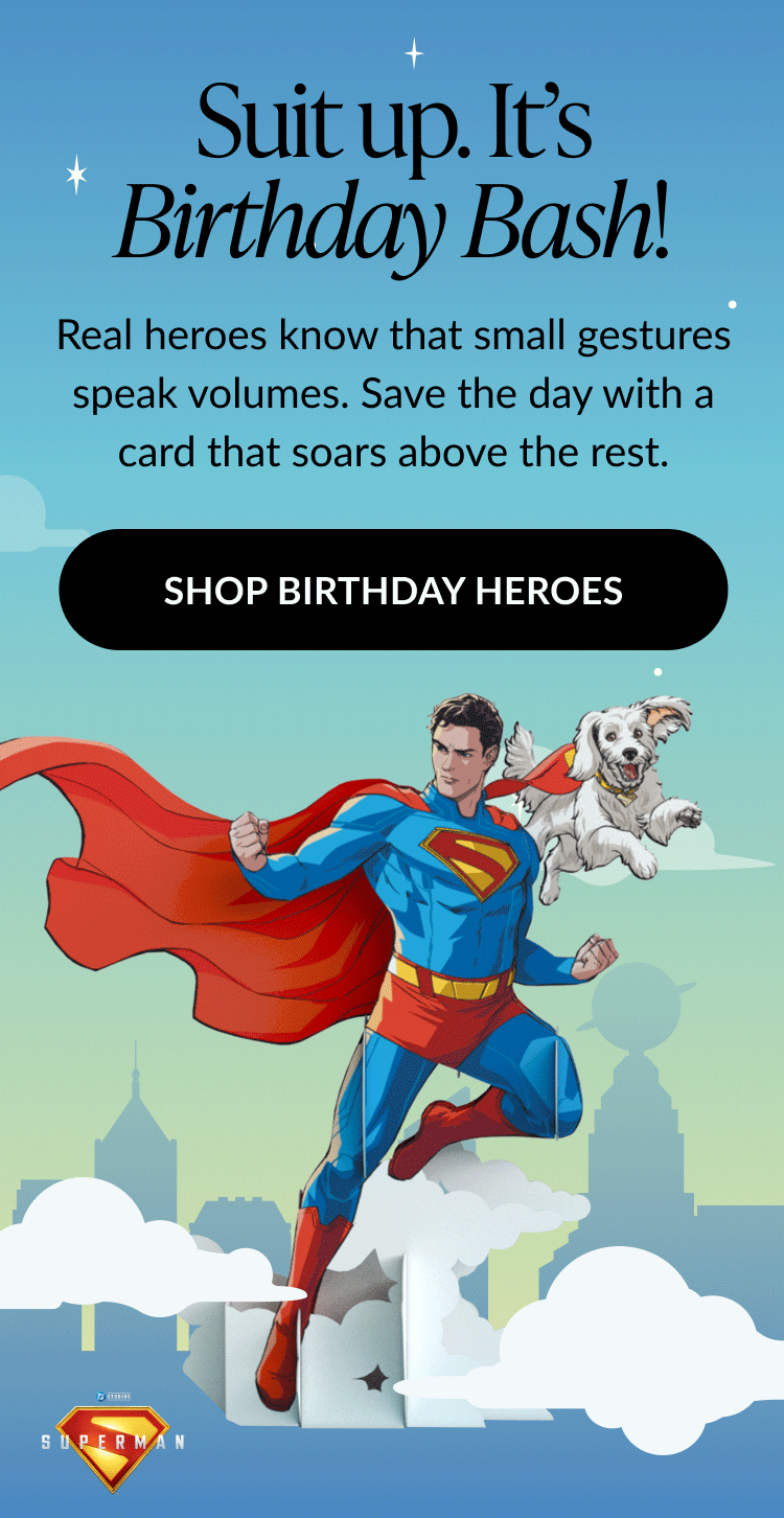 Animated banner with Superman flying alongside his dog Krypto over a city skyline, promoting a 