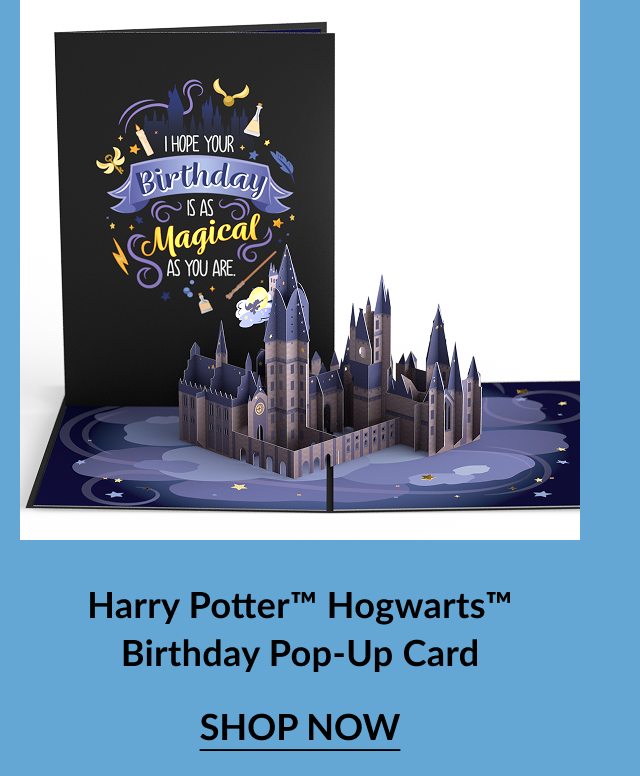 Harry Potter Hogwarts Birthday Pop-Up Card with a black cover reading “I hope your birthday is as magical as you are” surrounded by wizard-themed illustrations, and a 3D pop-up of the Hogwarts castle, with “Shop Now” button.
