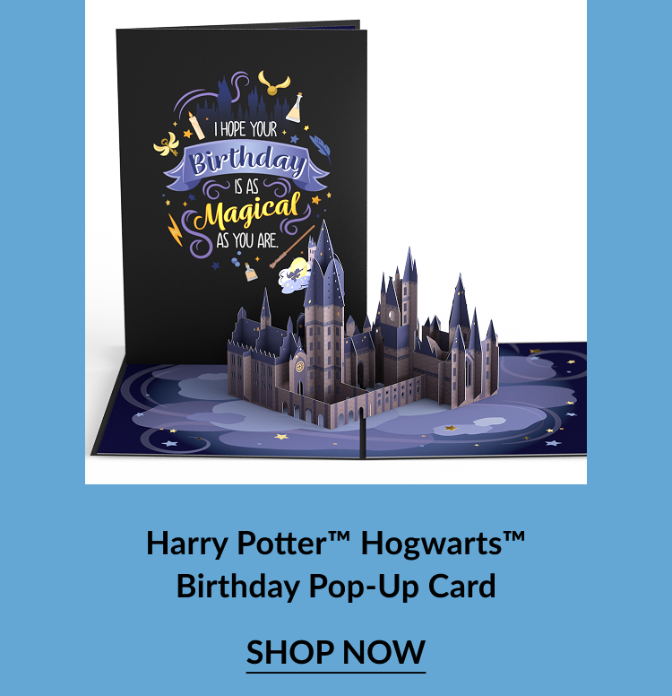 Harry Potter Hogwarts Birthday Pop-Up Card with a black cover reading “I hope your birthday is as magical as you are” surrounded by wizard-themed illustrations, and a 3D pop-up of the Hogwarts castle, with “Shop Now” button.