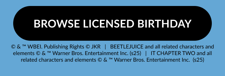 Black button graphic reading “Browse Licensed Birthday” with copyright and licensing information for Harry Potter, Beetlejuice, and IT Chapter Two characters and elements.