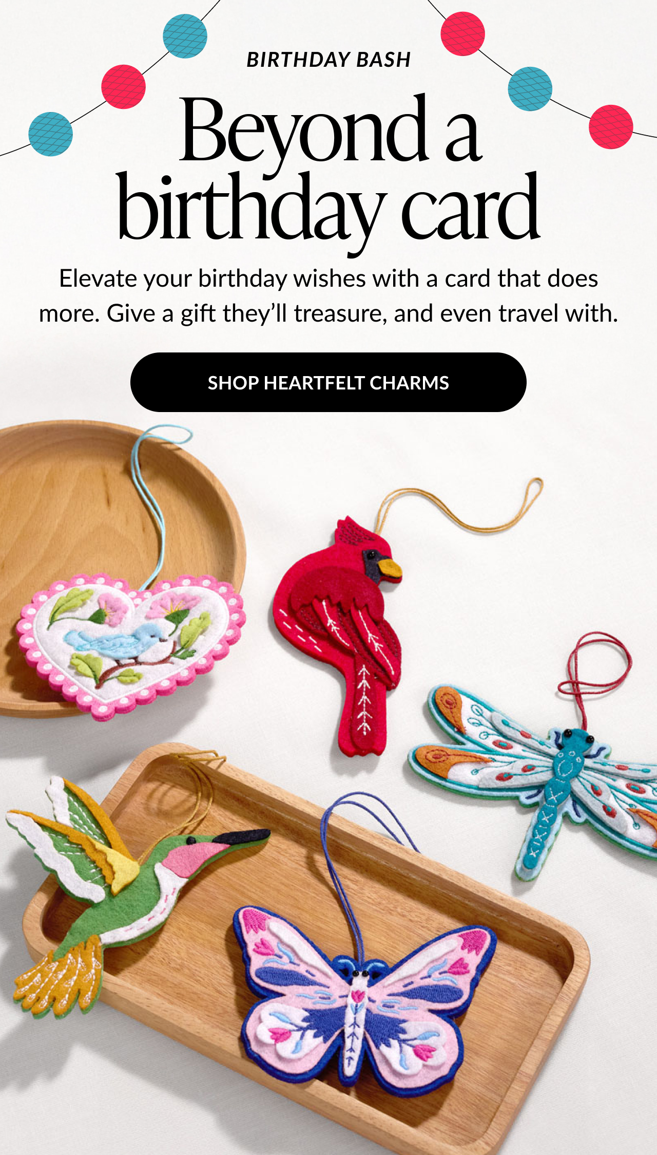 “Birthday Bash – Beyond a birthday card” with embroidered bird, butterfly, dragonfly, and hummingbird felt charms on trays.