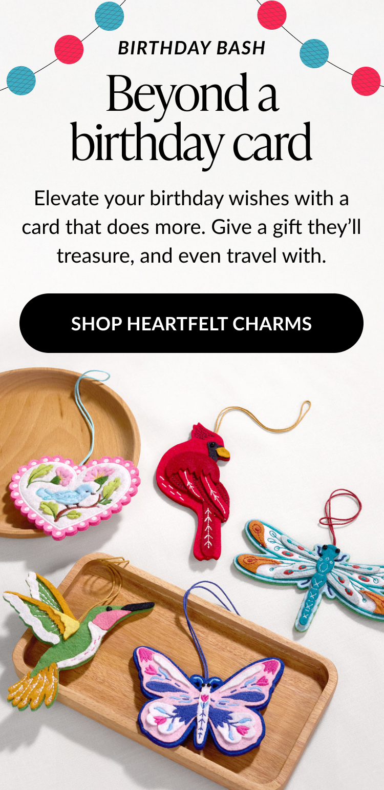 “Birthday Bash – Beyond a birthday card” with embroidered bird, butterfly, dragonfly, and hummingbird felt charms on trays.
