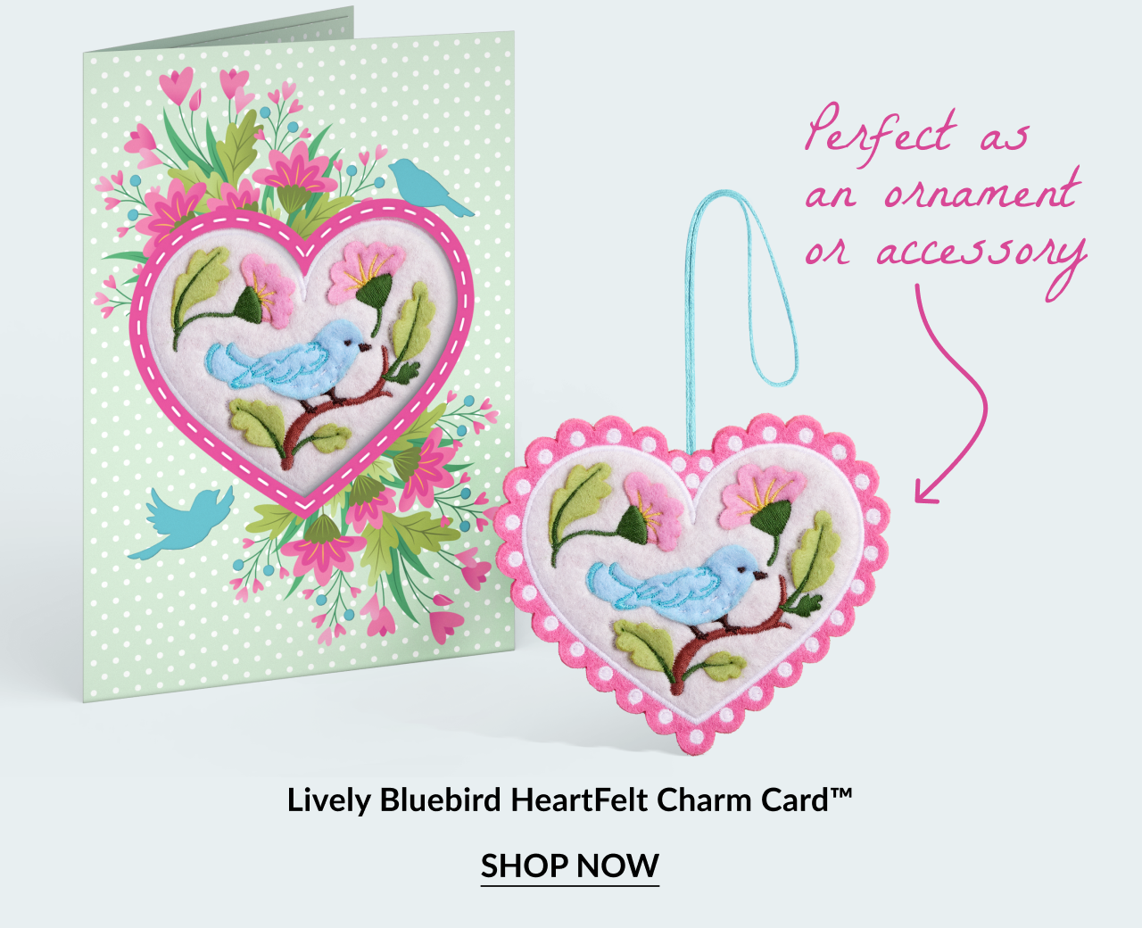 Lively Bluebird card with green polka-dot floral design and pink heart-shaped bluebird charm.