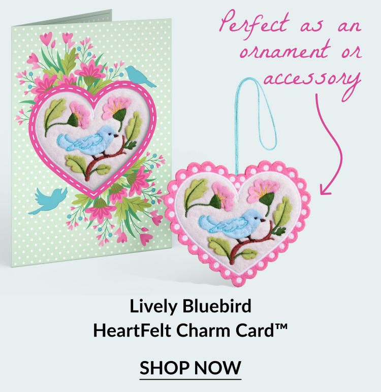 Lively Bluebird card with green polka-dot floral design and pink heart-shaped bluebird charm.