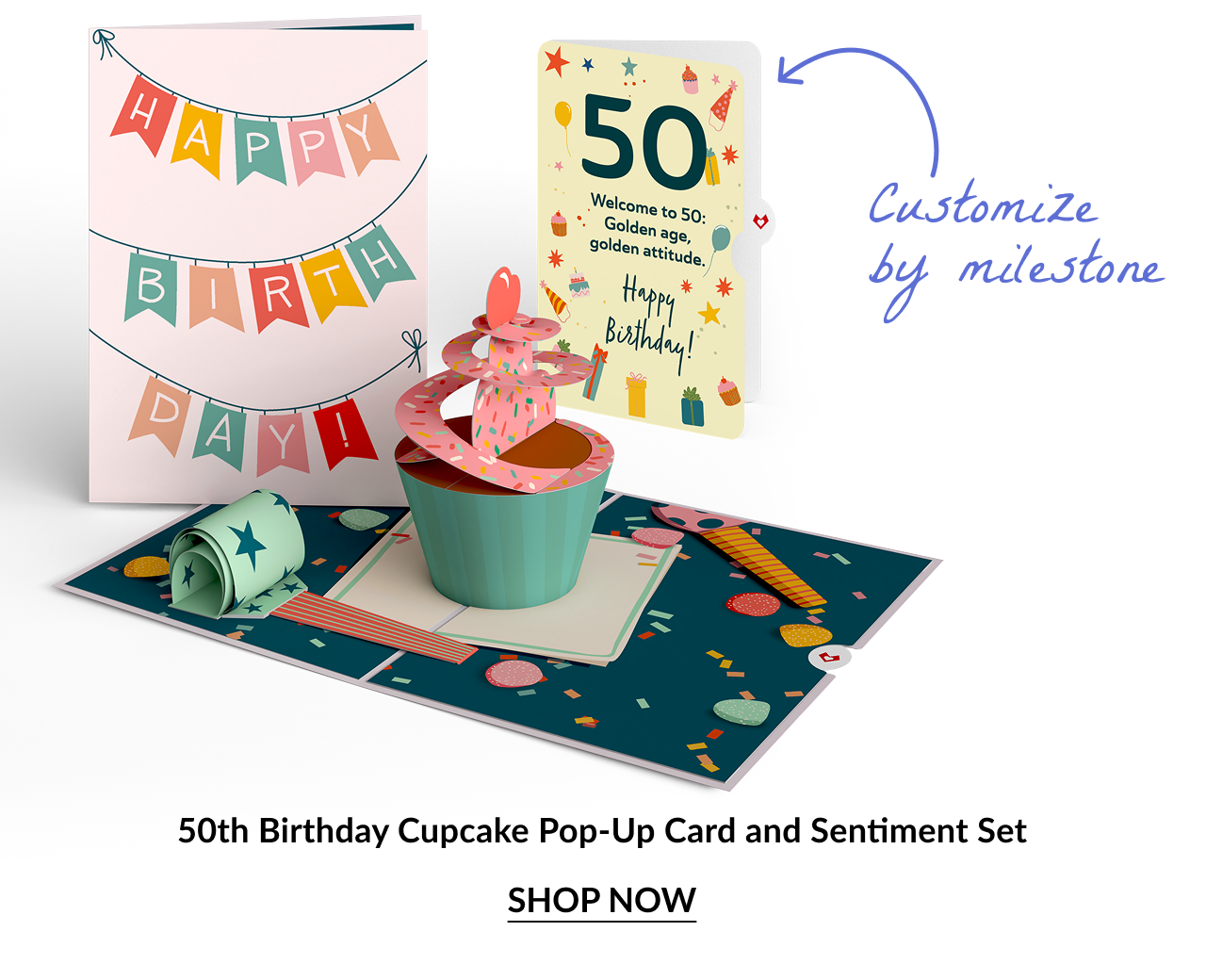 50th Birthday Cupcake set with milestone “50” insert and 3D cupcake pop-up.