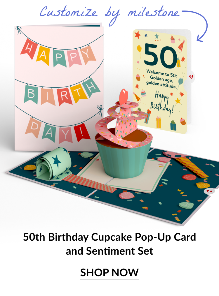 50th Birthday Cupcake set with milestone “50” insert and 3D cupcake pop-up.