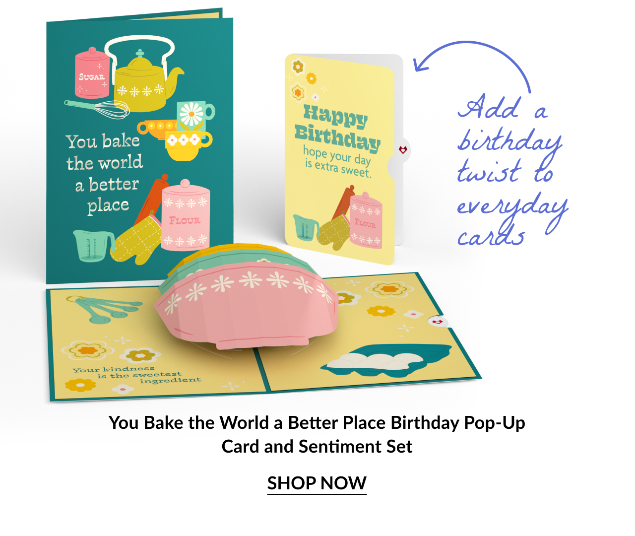 Baking-themed birthday card set with “Happy Birthday” insert and 3D mixing bowl pop-up.