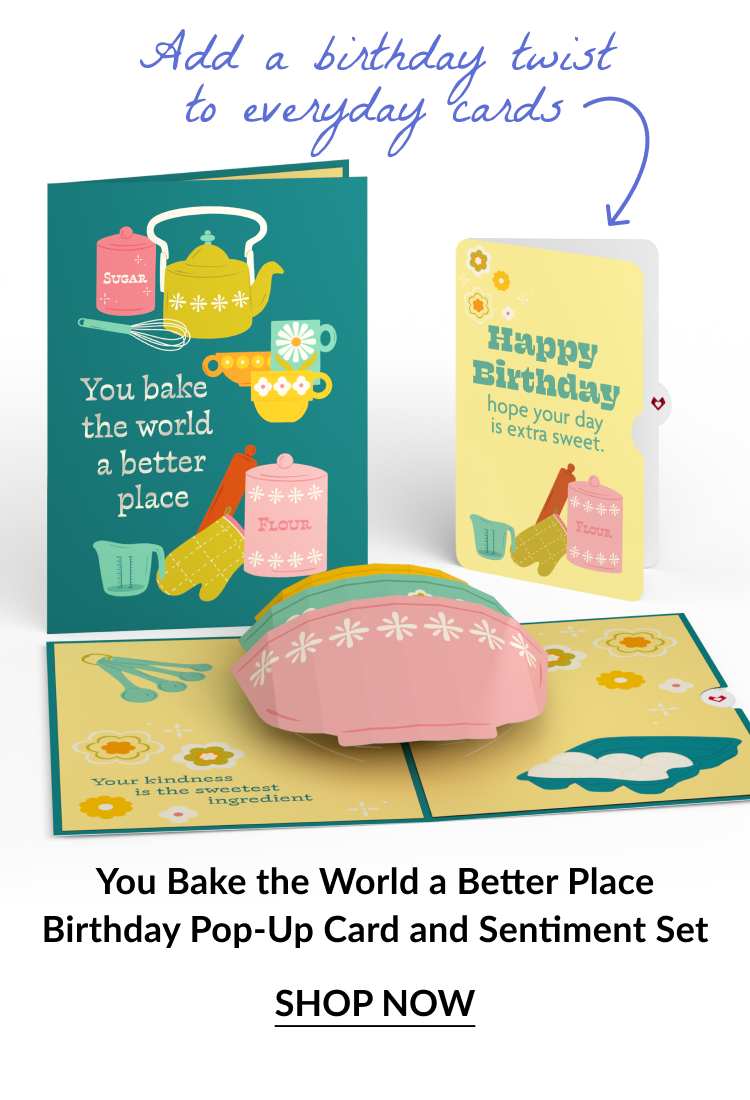 Baking-themed birthday card set with “Happy Birthday” insert and 3D mixing bowl pop-up.