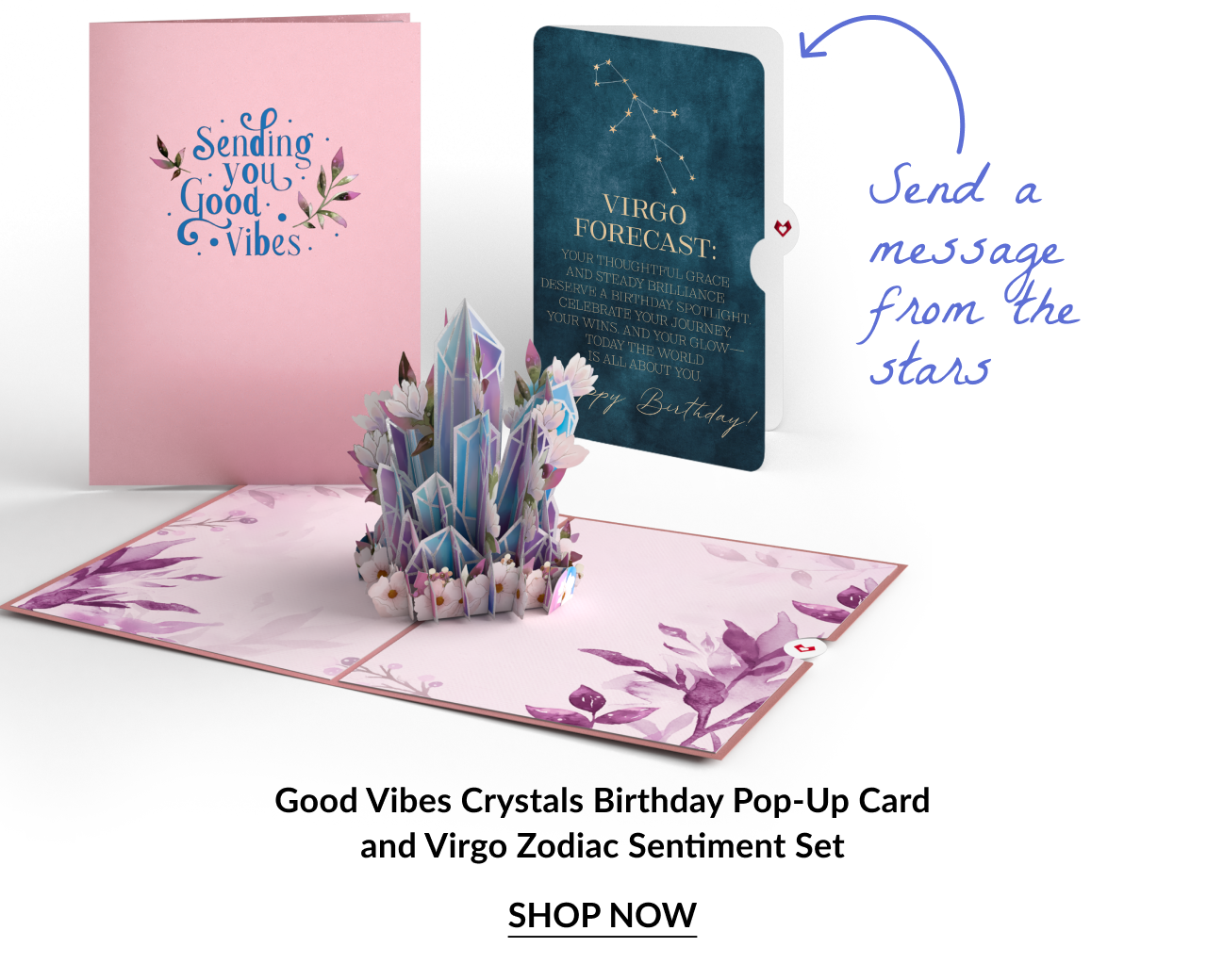 Good Vibes Crystals card set with Virgo insert and 3D crystal pop-up.