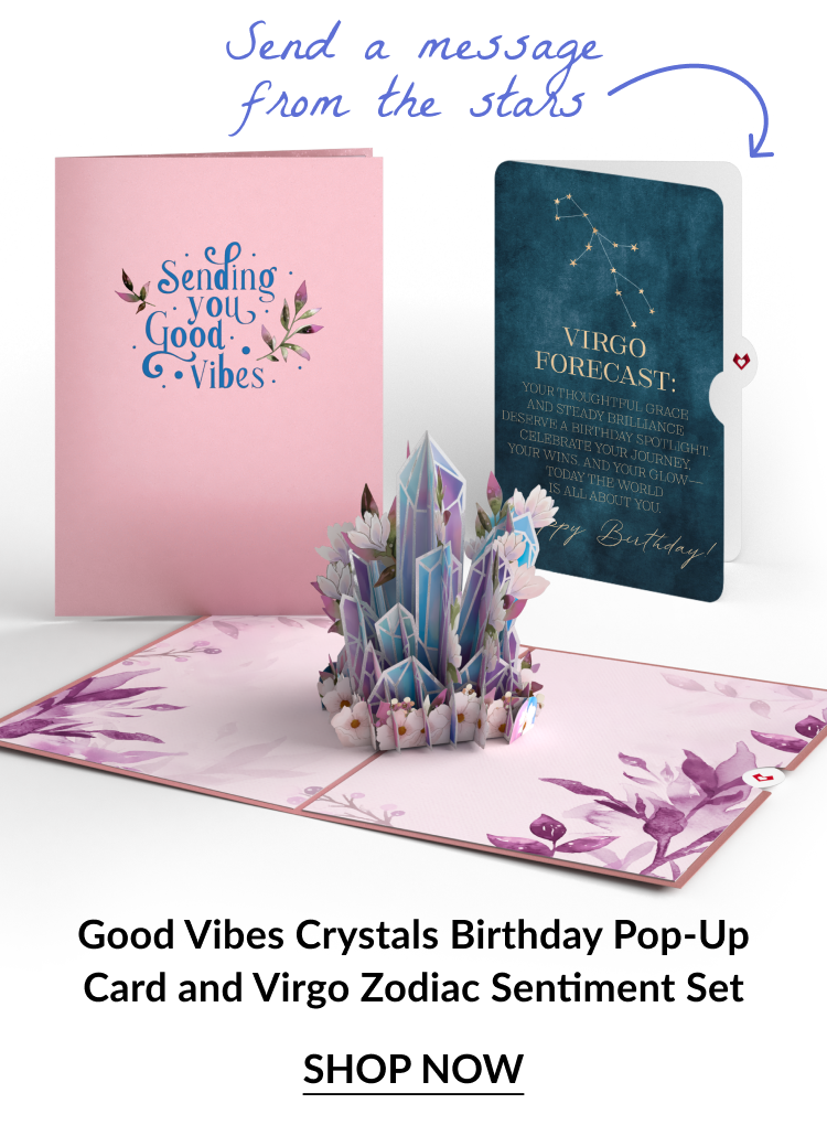 Good Vibes Crystals card set with Virgo insert and 3D crystal pop-up.