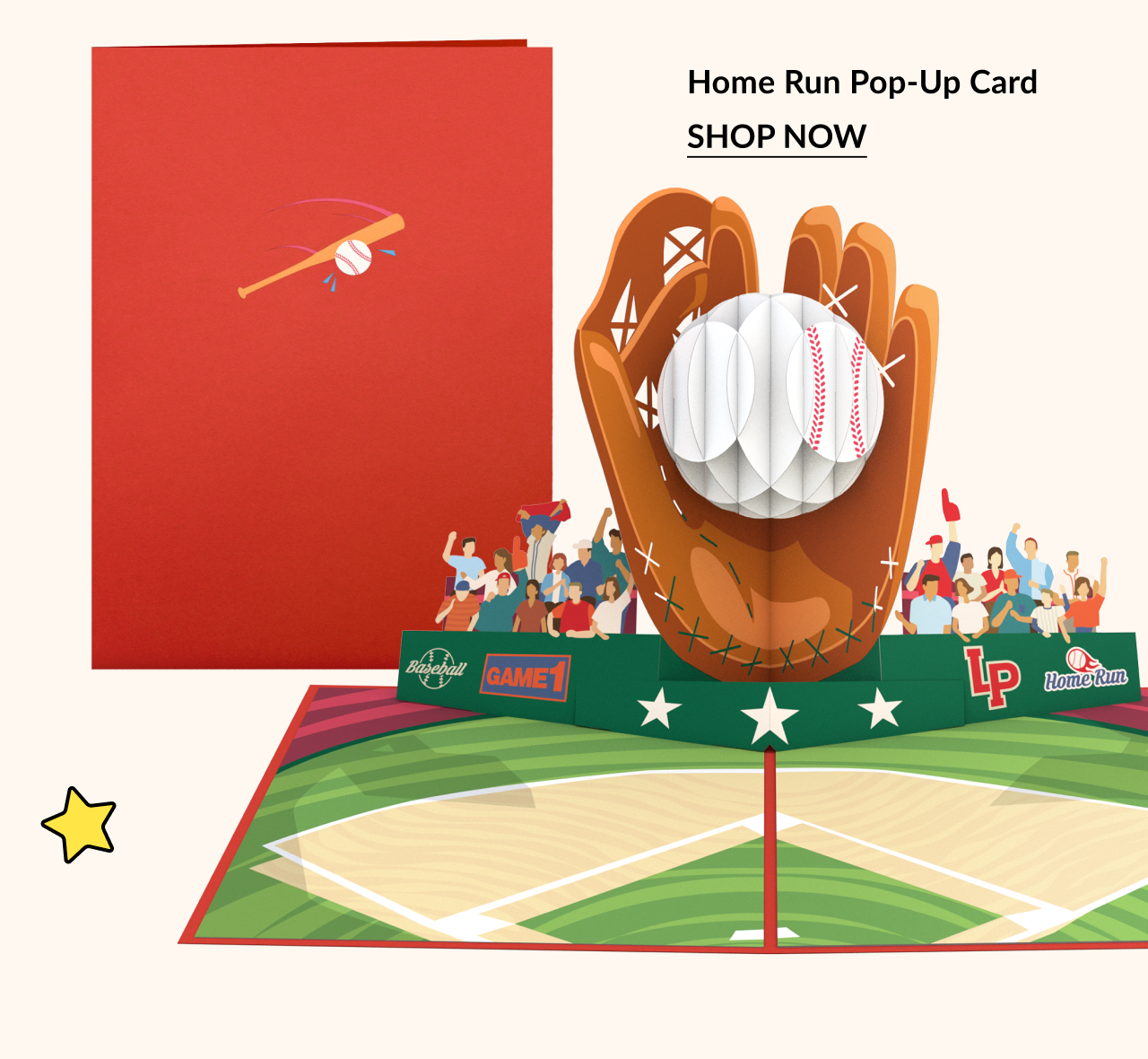 Red baseball card with pop-up glove holding a baseball in a stadium scene.