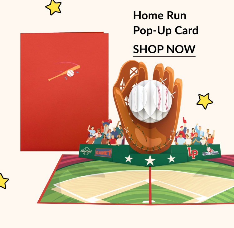 Red baseball card with pop-up glove holding a baseball in a stadium scene.