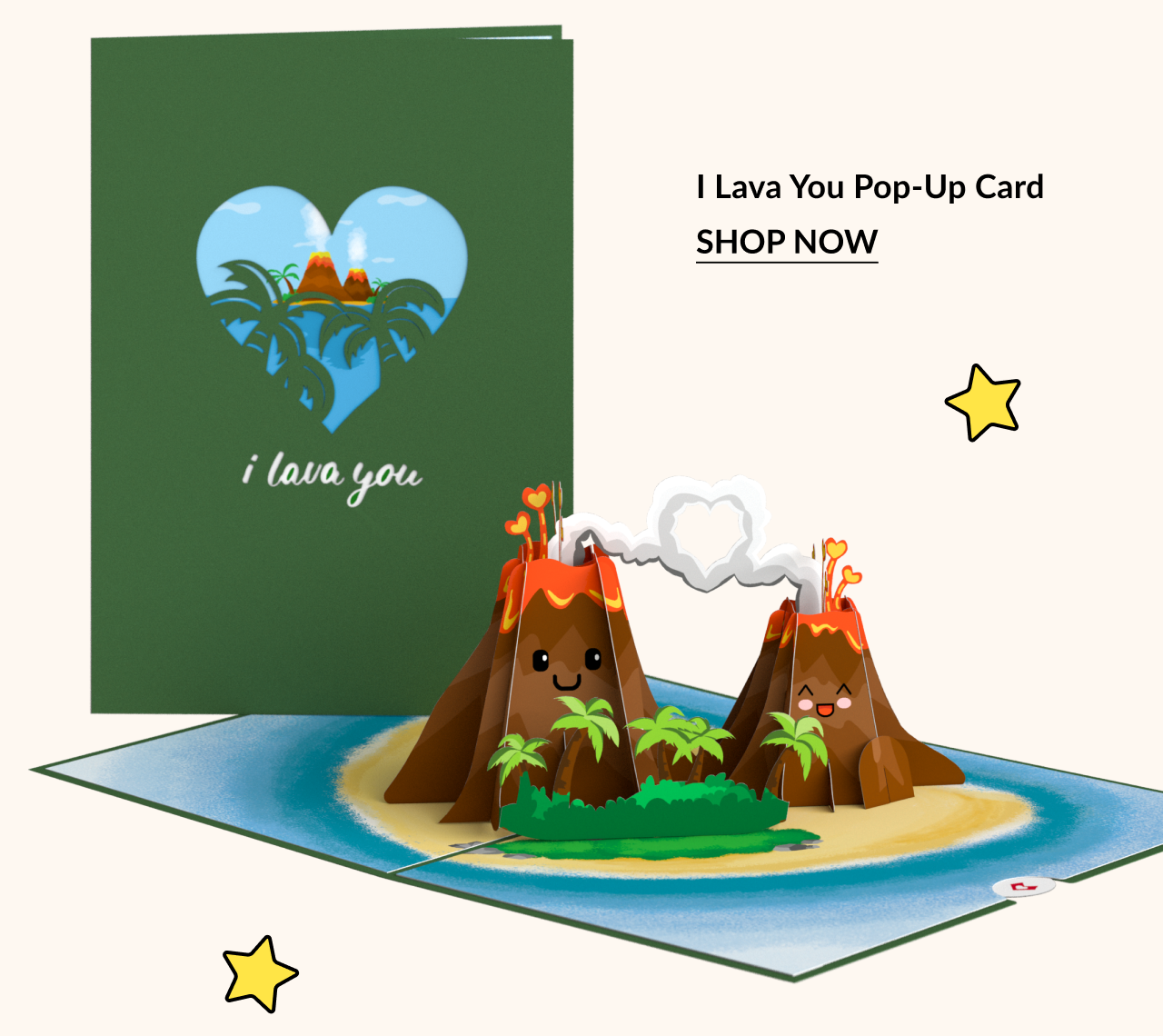 Green “I lava you” card with pop-up smiling volcanoes and palm trees.
