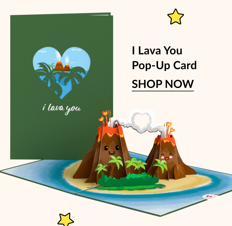 Green “I lava you” card with pop-up smiling volcanoes and palm trees.