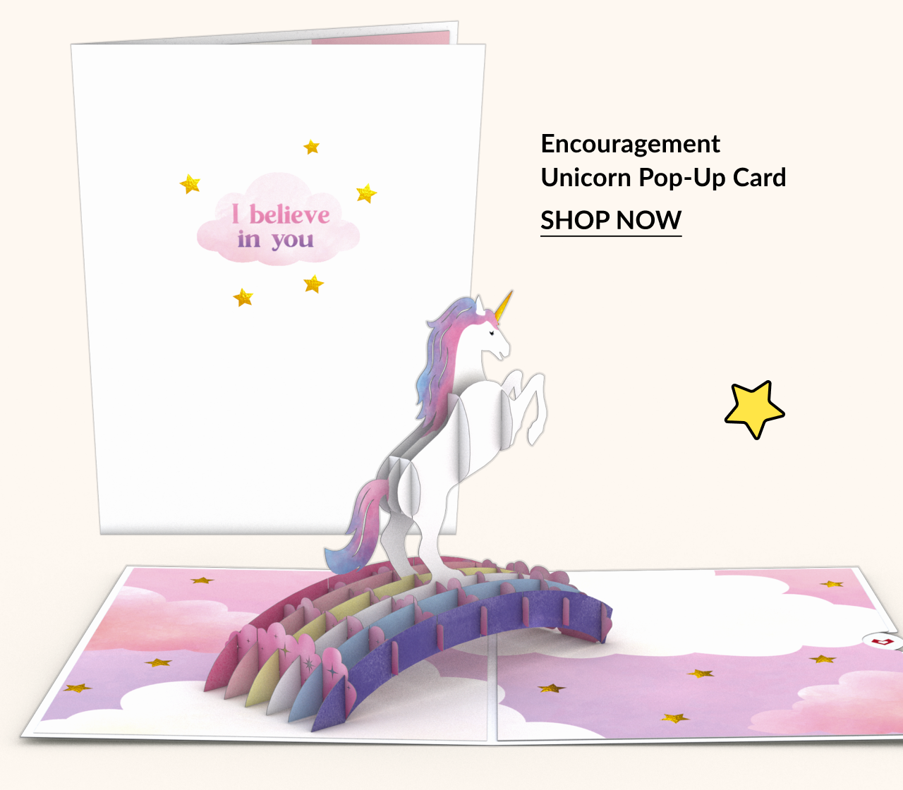 “I believe in you” card with pop-up unicorn on a rainbow bridge.