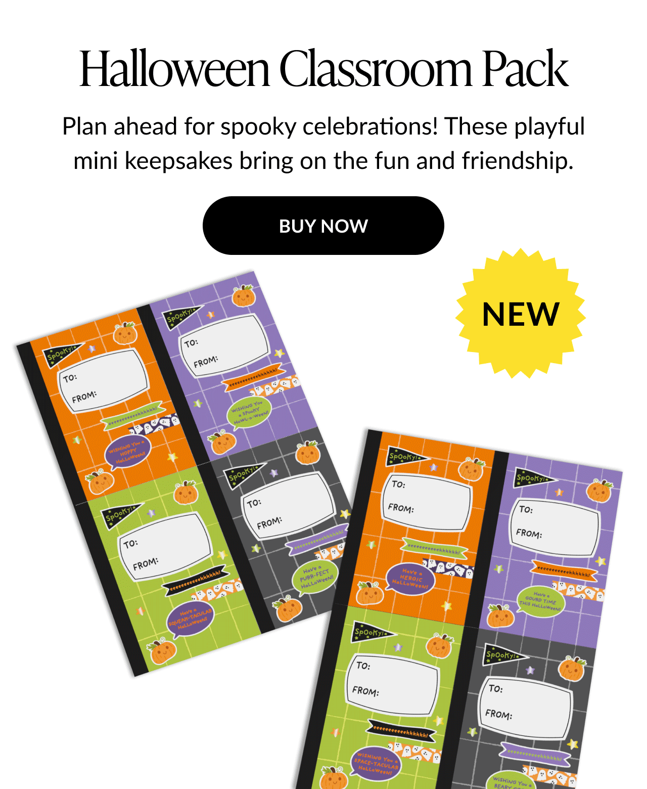 Halloween classroom pack of mini “To/From” cards with pumpkins and stars.