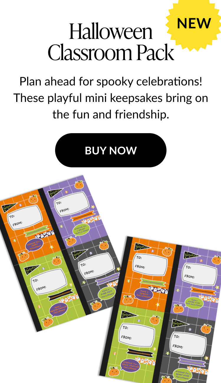 Halloween classroom pack of mini “To/From” cards with pumpkins and stars.