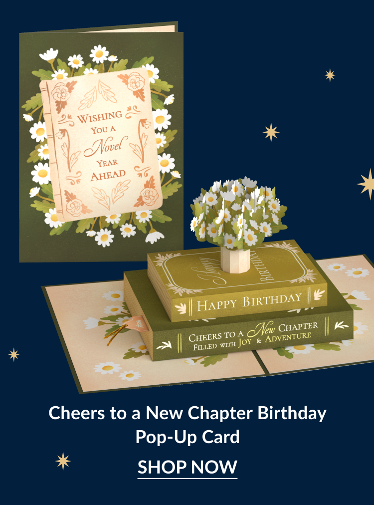 Cheers to a New Chapter Birthday pop-up card with stacked book design and daisies