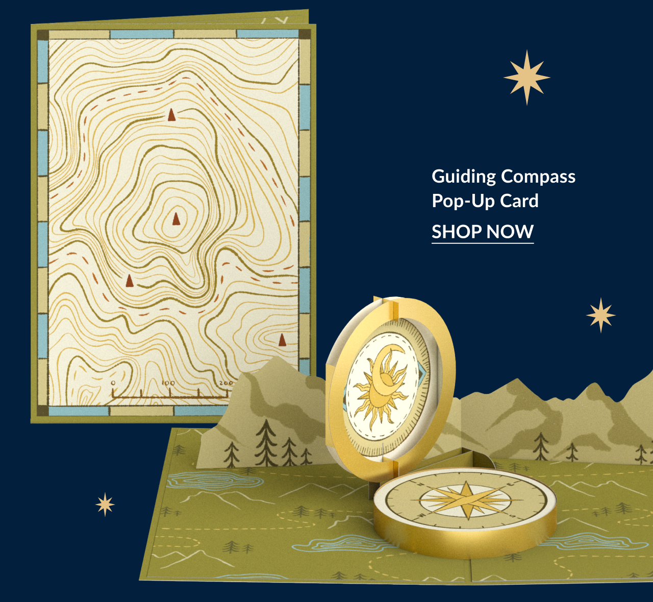 Guiding Compass pop-up card featuring a golden compass and map design