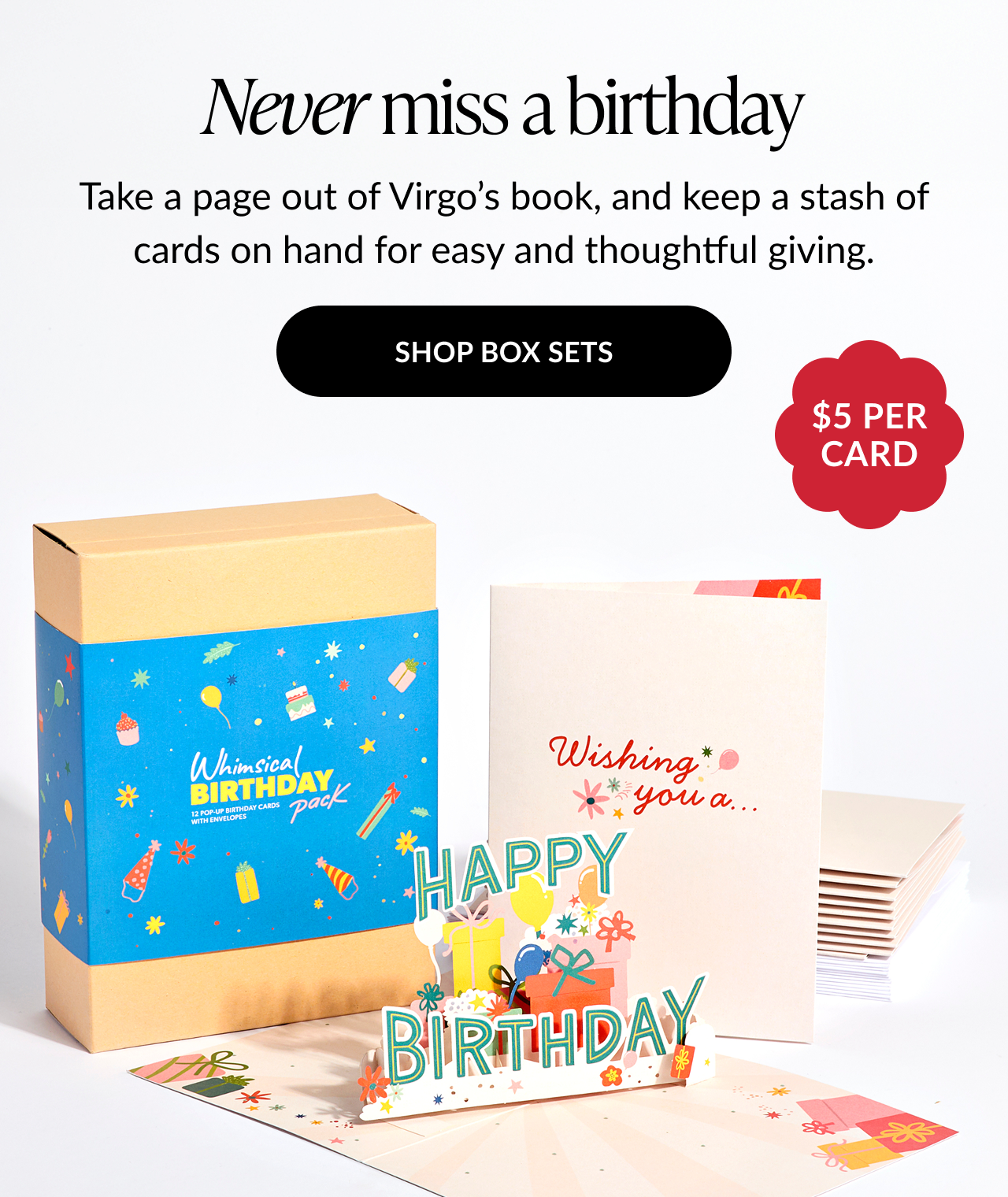 Box set of whimsical birthday pop-up cards with $5 per card label