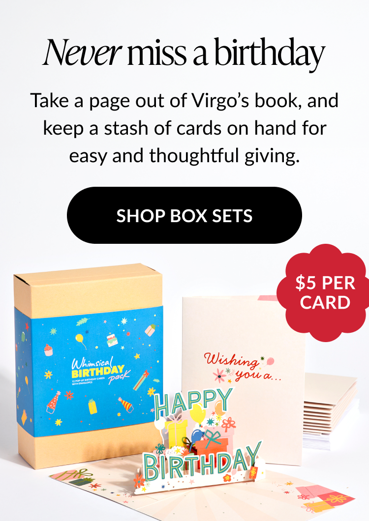 Box set of whimsical birthday pop-up cards with $5 per card label