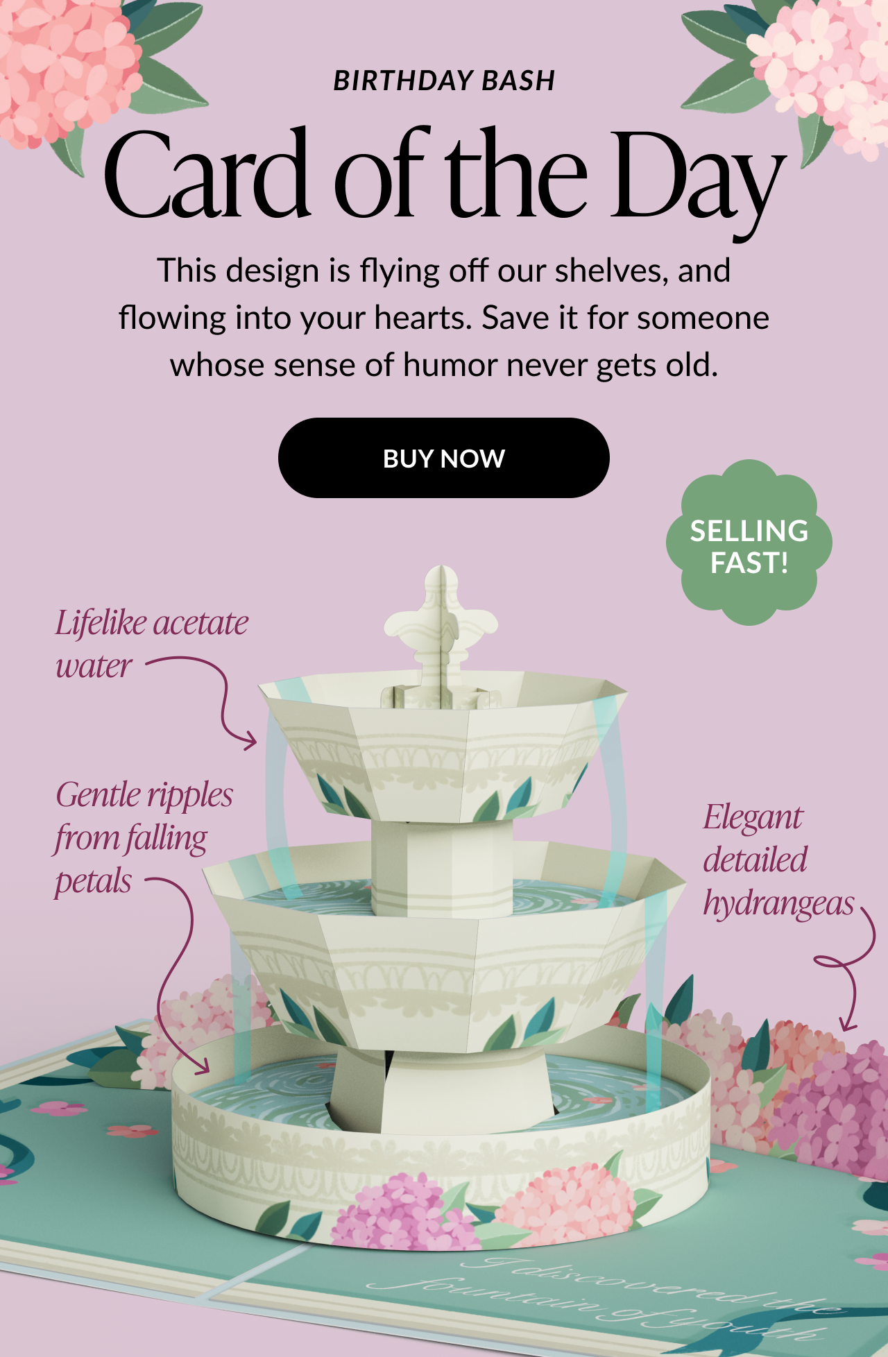 Hydrangea pop-up birthday card with three-tier fountain design.