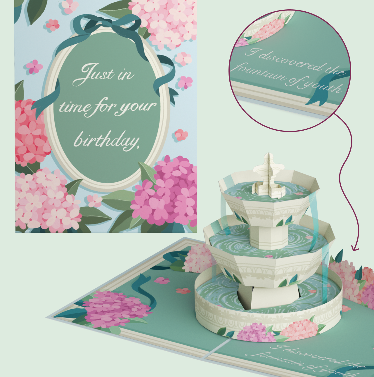 Pop-up card close-up with fountain and hydrangea details.