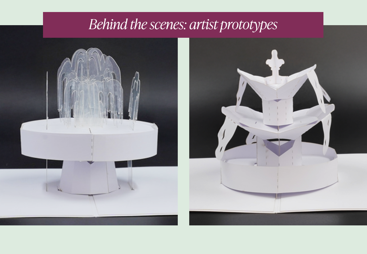 Behind-the-scenes artist prototypes of fountain card design.