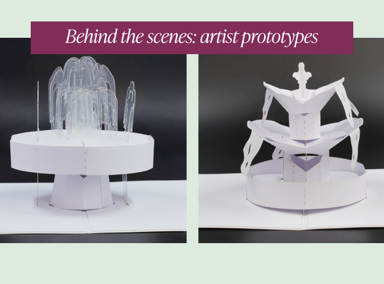 Behind-the-scenes artist prototypes of fountain card design.