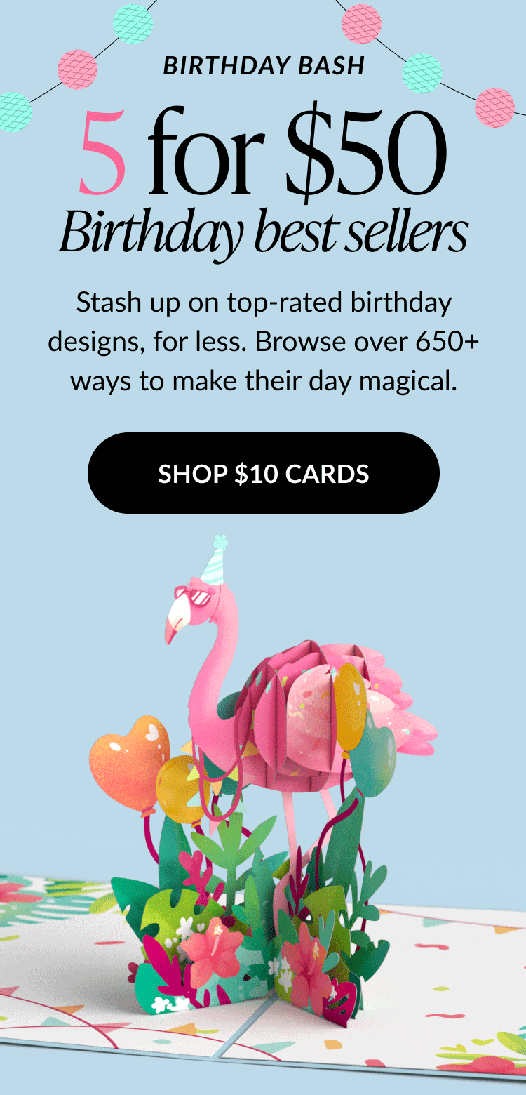 Birthday sale banner with “5 for $50” offer and flamingo pop-up card.