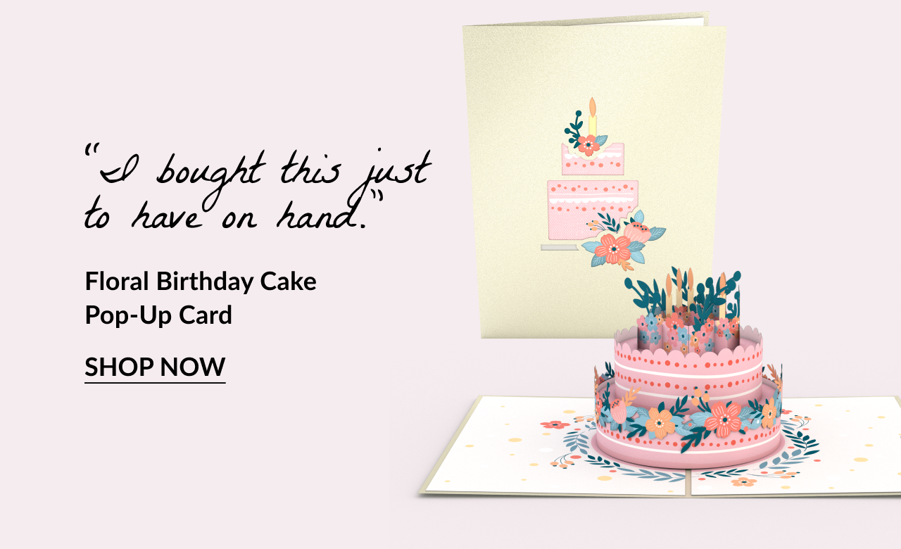 Pink floral birthday cake pop-up card with matching cover.