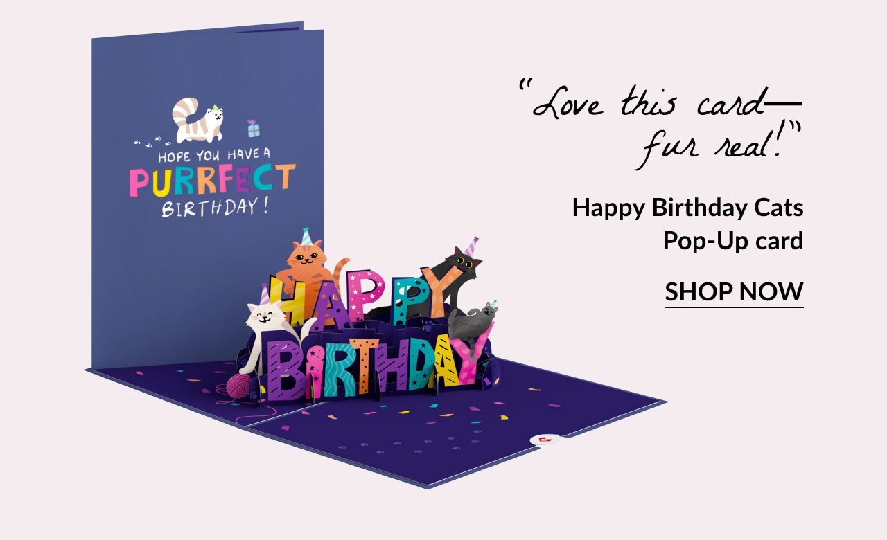 Happy Birthday Cats pop-up card with colorful letters and cats.