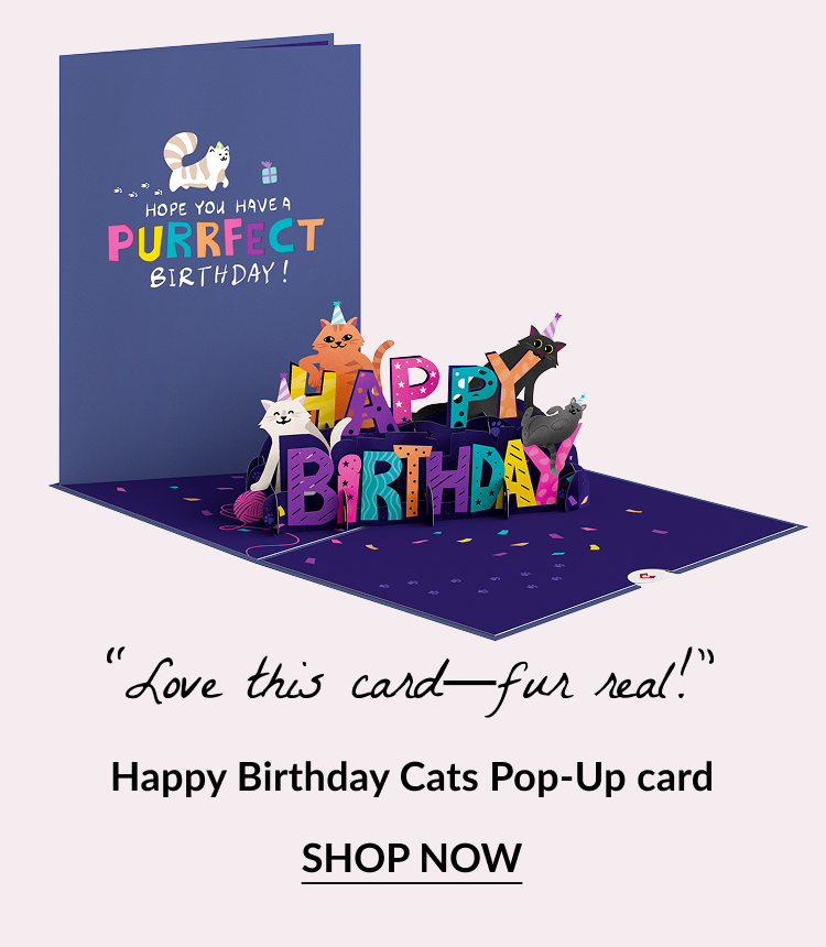 Happy Birthday Cats pop-up card with colorful letters and cats.