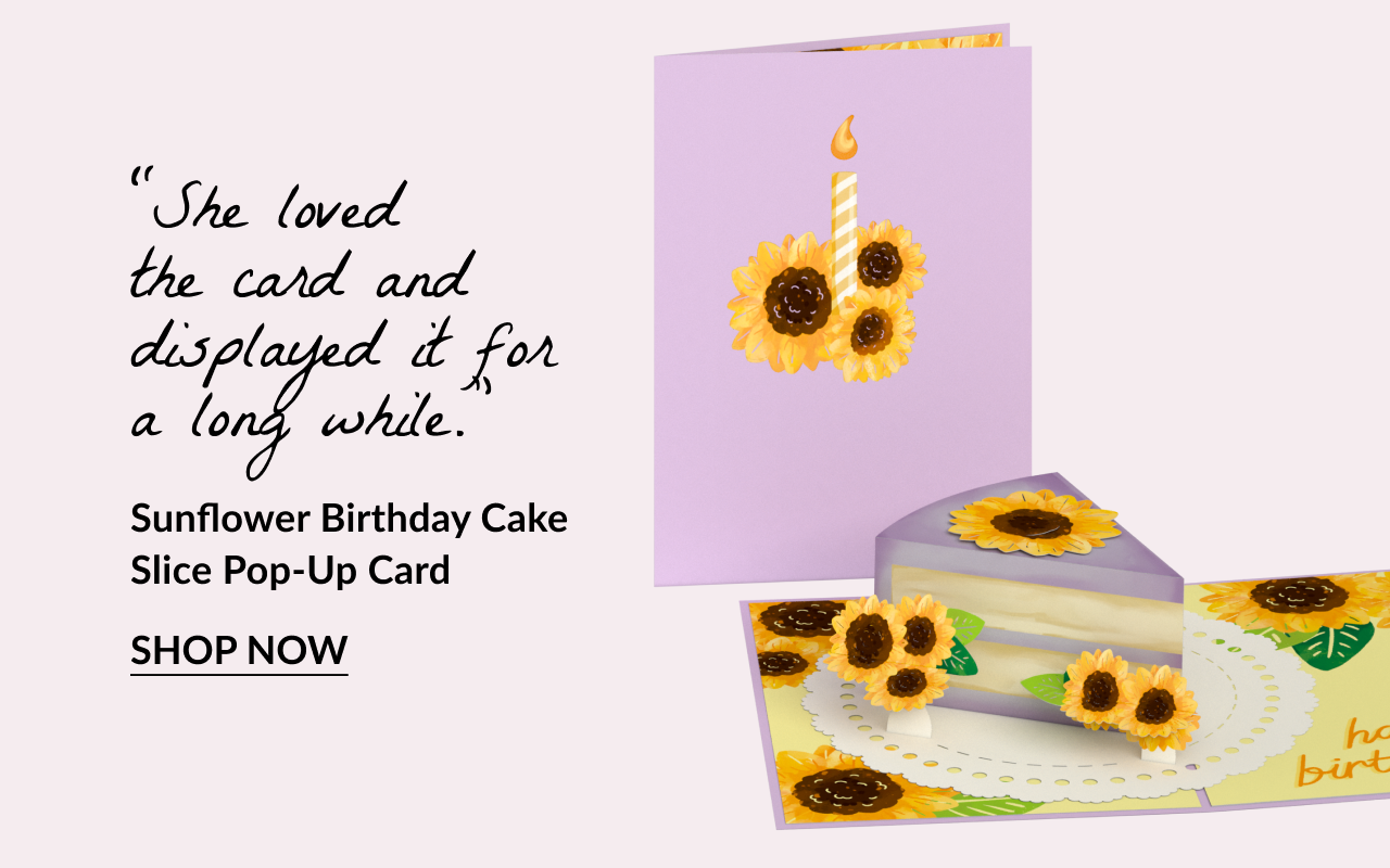 Sunflower birthday cake slice pop-up card with floral details.