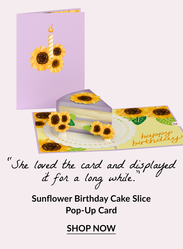 Sunflower birthday cake slice pop-up card with floral details.