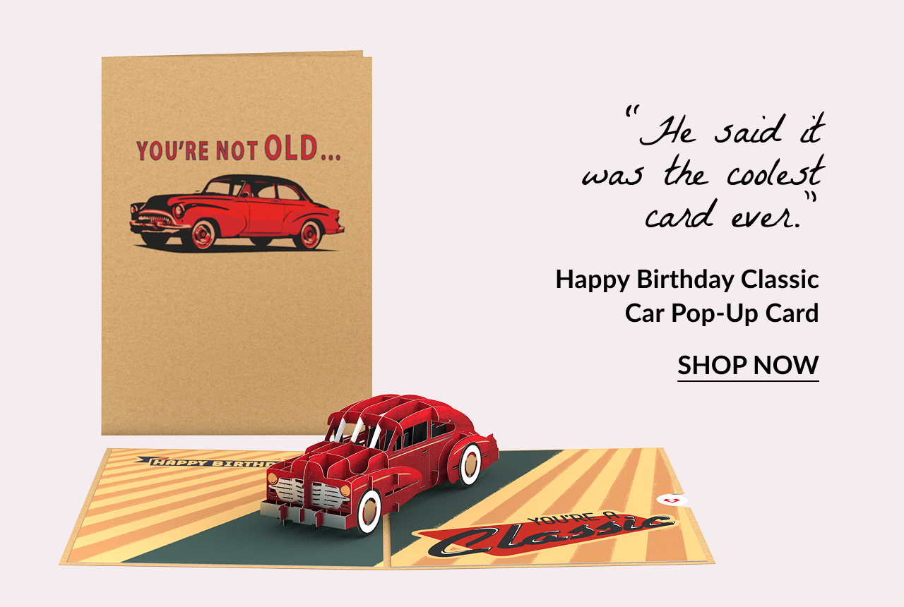 Classic car birthday pop-up card with red vintage car design.