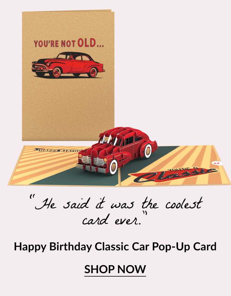 Classic car birthday pop-up card with red vintage car design.
