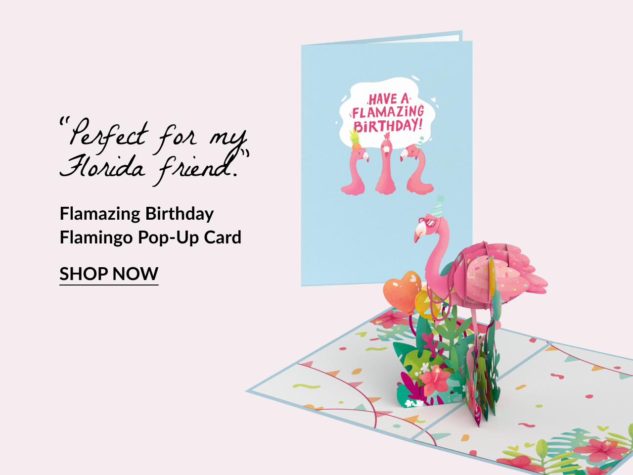 Flamazing birthday flamingo pop-up card with tropical accents.
