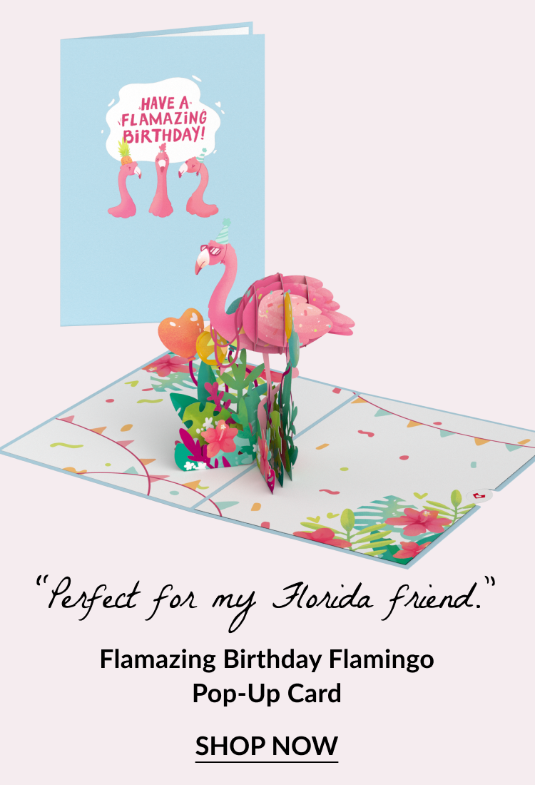 Flamazing birthday flamingo pop-up card with tropical accents.