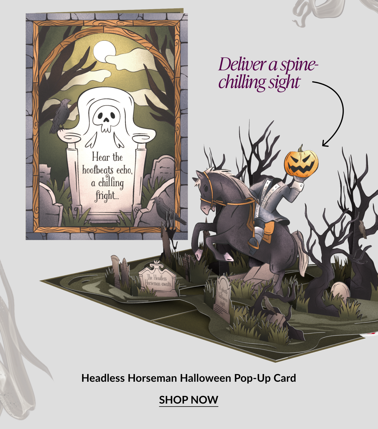 Headless Horseman Halloween Pop-Up Card with eerie graveyard and pumpkin-headed rider. CTA: Shop Now.