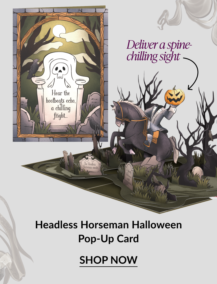 Headless Horseman Halloween Pop-Up Card with eerie graveyard and pumpkin-headed rider. CTA: Shop Now.