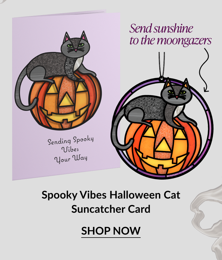 Spooky Vibes Halloween Cat Suncatcher Card with black cat sitting on a glowing jack-o’-lantern. CTA: Shop Now.