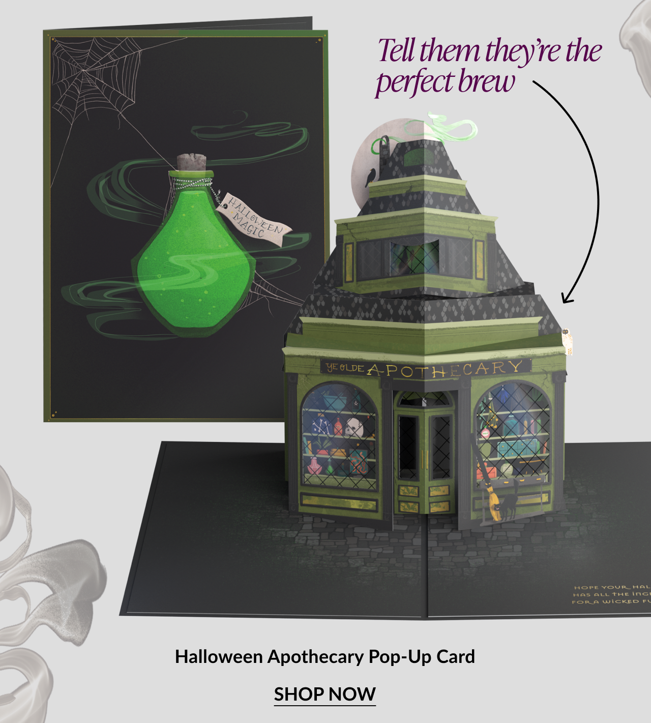 Halloween Apothecary Pop-Up Card with potion bottle design and haunted shop pop-up. CTA: Shop Now.