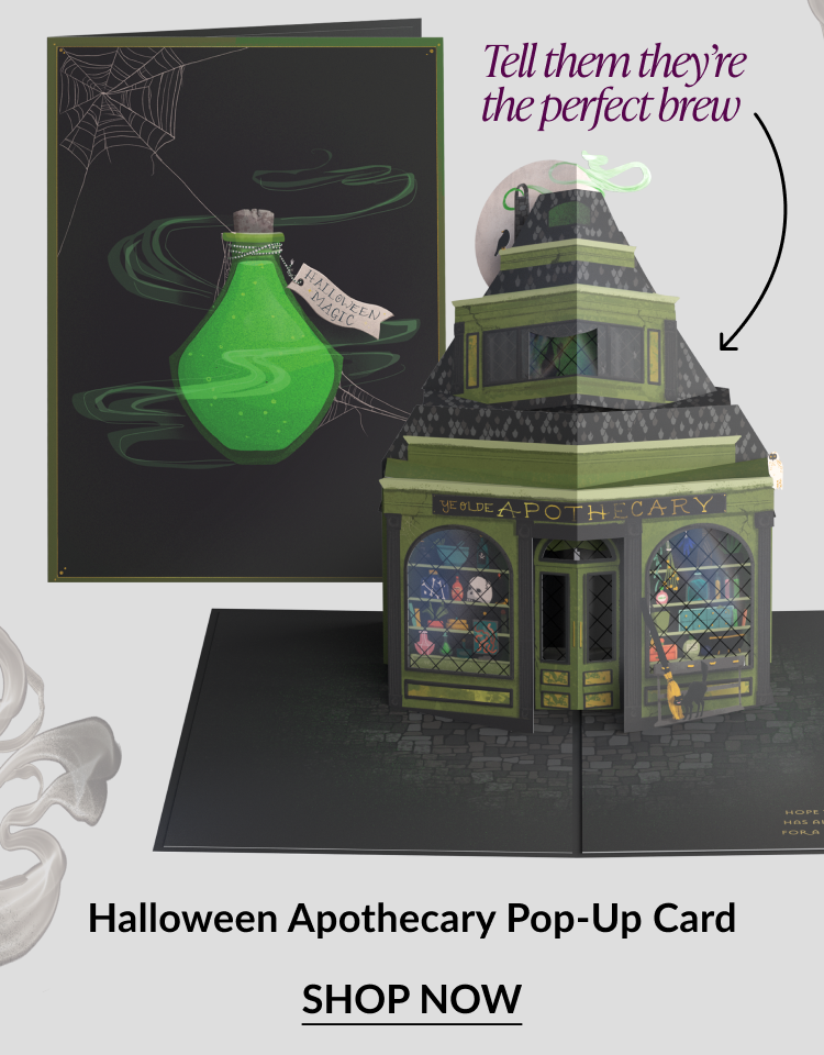 Halloween Apothecary Pop-Up Card with potion bottle design and haunted shop pop-up. CTA: Shop Now.