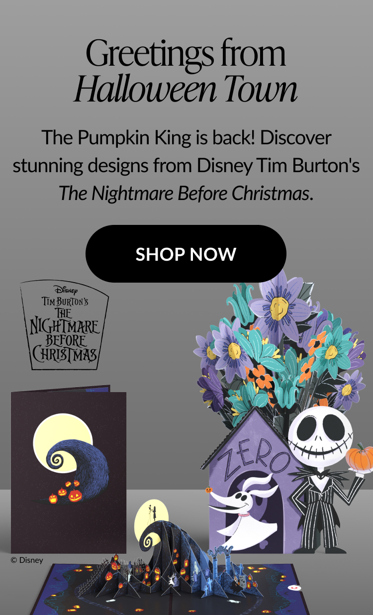 Disney Tim Burton’s The Nightmare Before Christmas cards featuring Jack Skellington, Zero, and Halloween Town bouquet. CTA: Shop Now.