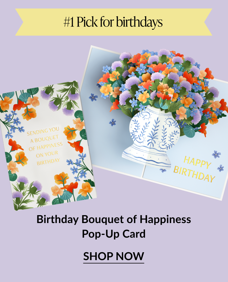 Birthday Bouquet of Happiness Pop-Up Card – vibrant floral birthday card with bouquet design
