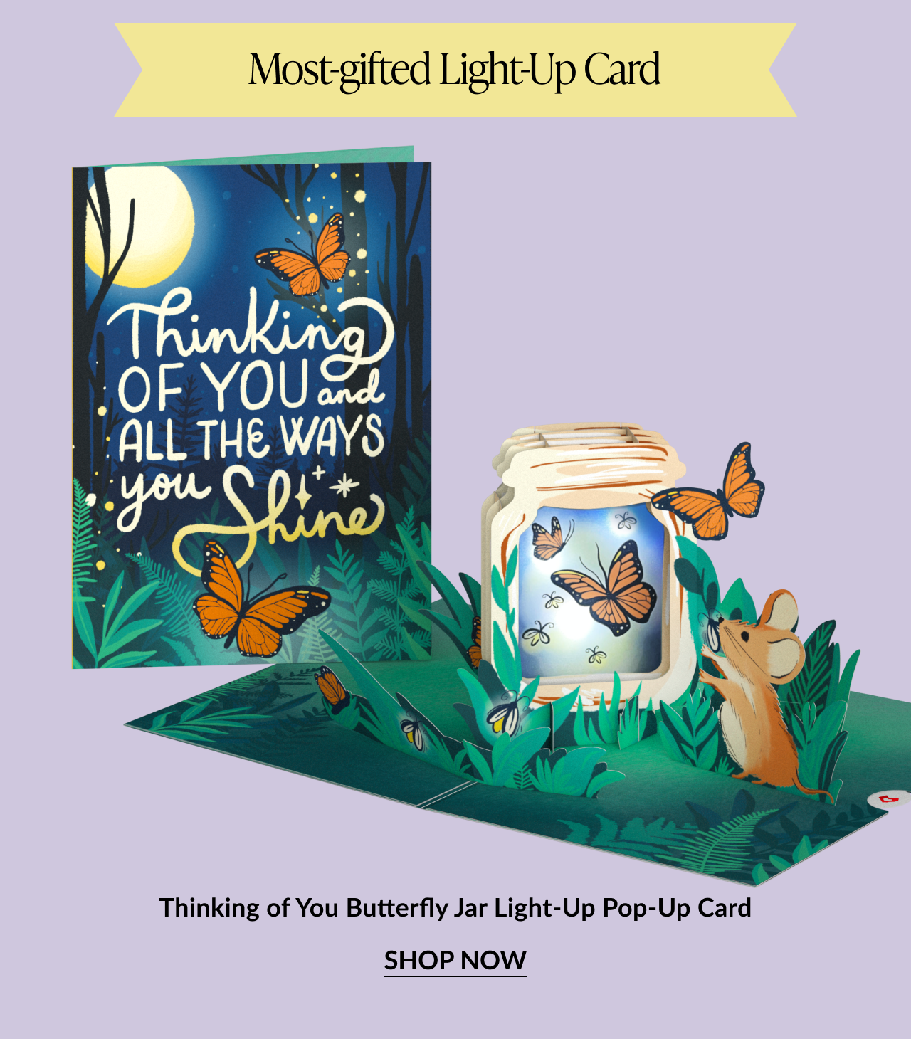 Thinking of You Butterfly Jar Light-Up Pop-Up Card – whimsical card with butterflies and glowing jar