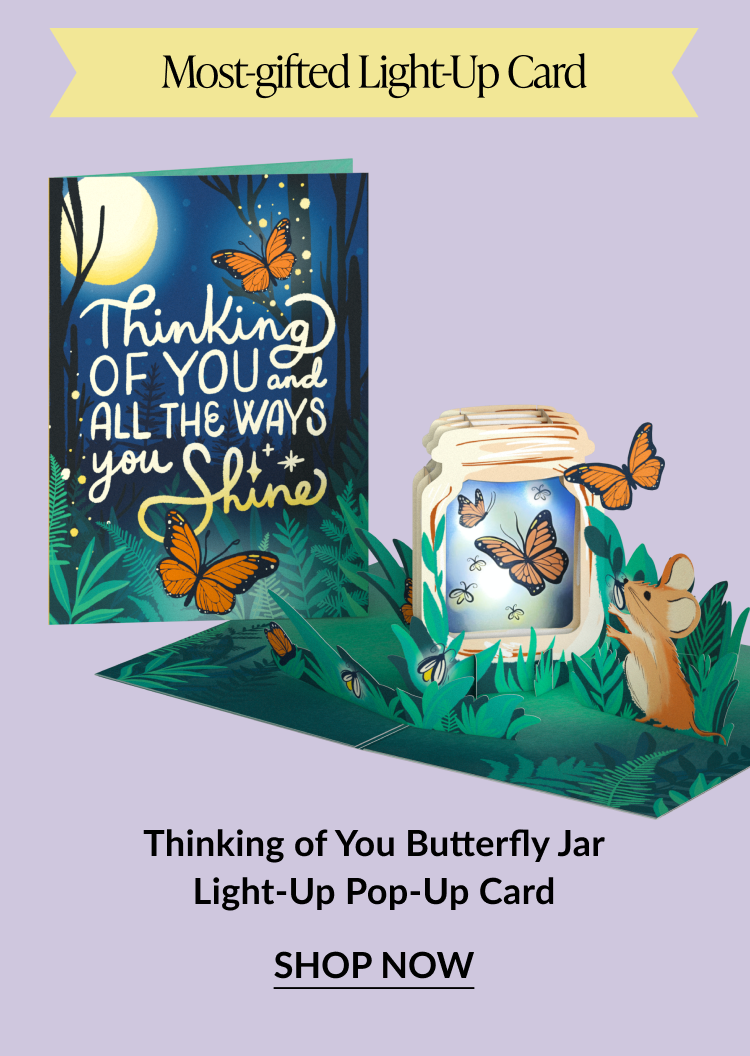 Thinking of You Butterfly Jar Light-Up Pop-Up Card – whimsical card with butterflies and glowing jar
